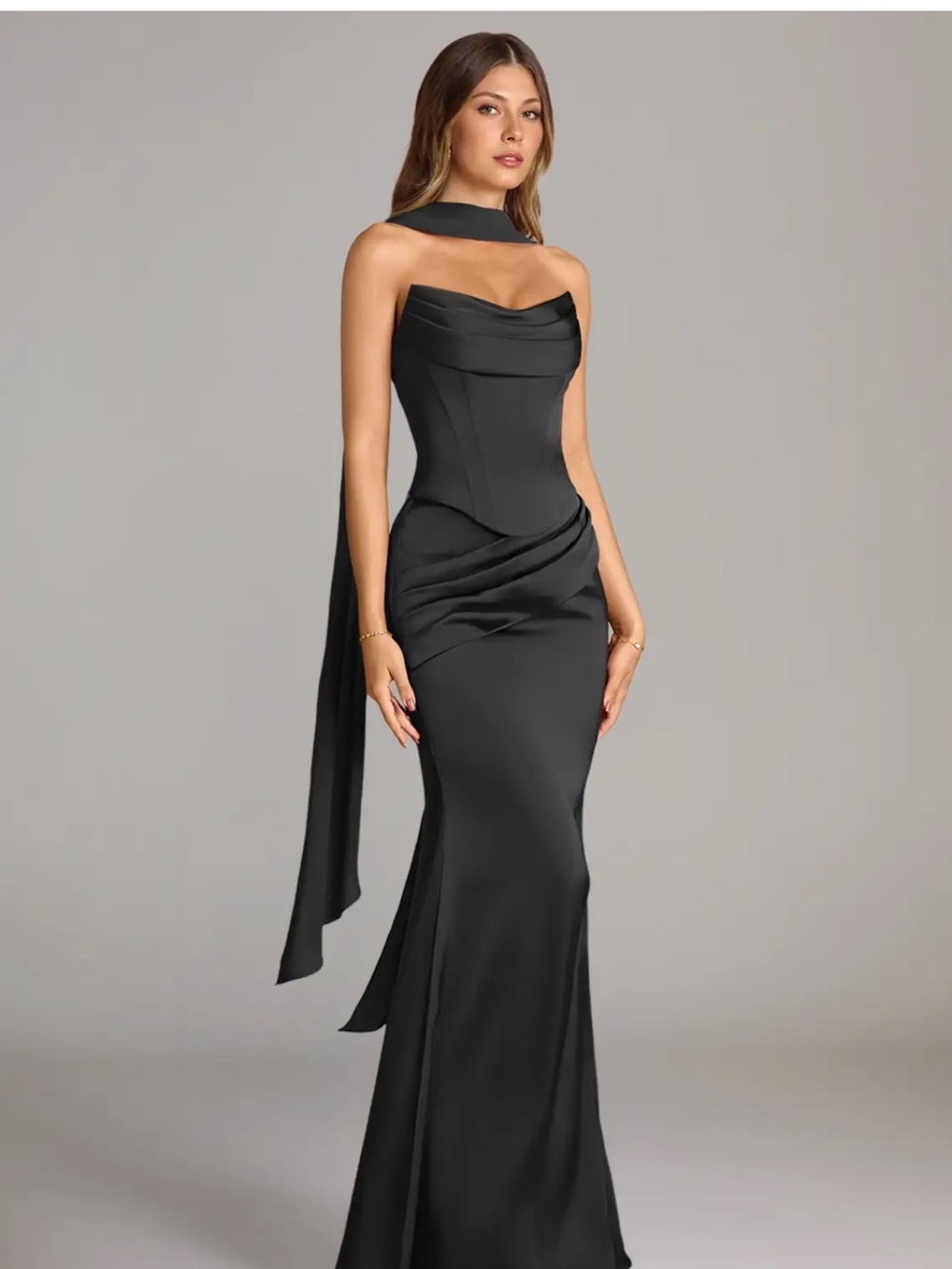 Azazie Sorrel Elegant Black Strapless Evening Gown